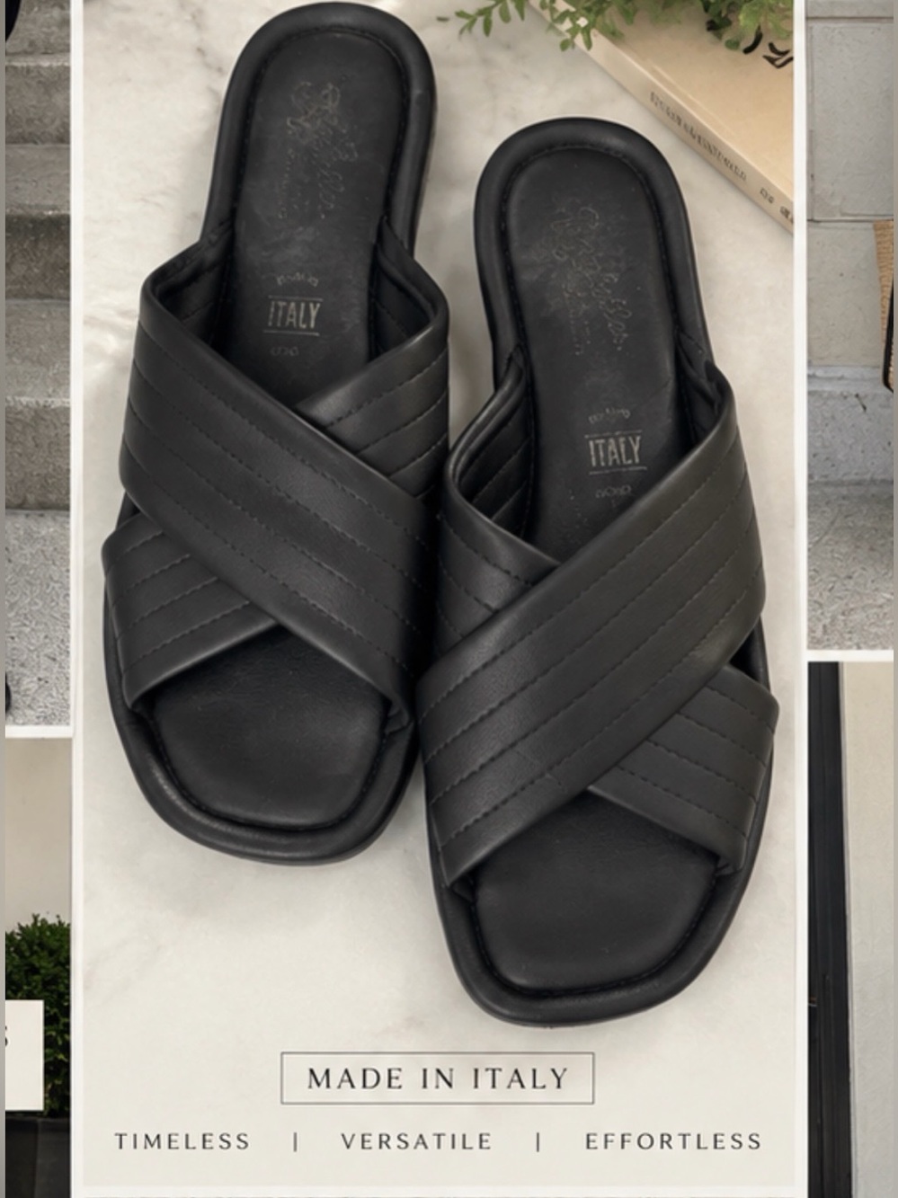 Seychelles Black Quilted Crisscross Slide Sandals Made in Italy Size 6.5